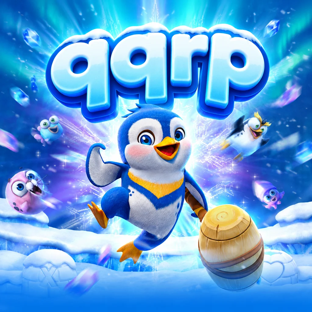 qqrp The Great Icescape menampilkan pinguin ceria dengan palu kayu di lanskap es